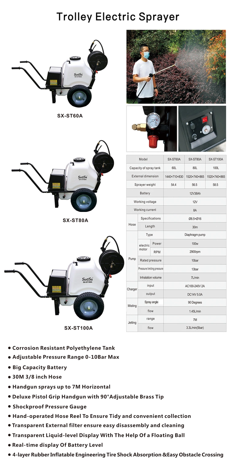 Sx-St100A (100L) Corrosion Resistant Polyethylene Tank Battery Trolley Electric Sprayer